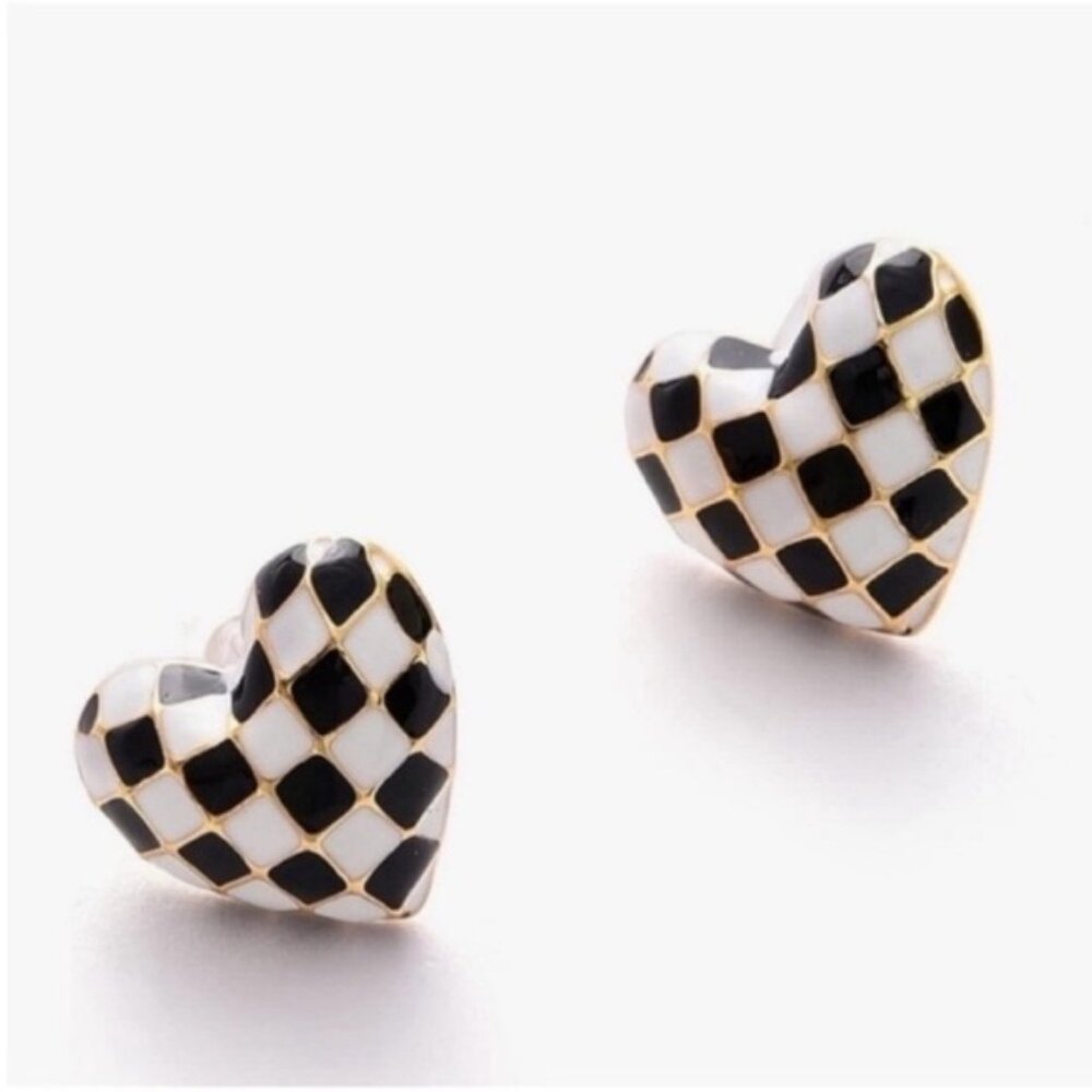 New! Anthropologie Mackenzie Black White Checkered Heart Earrings NWOT